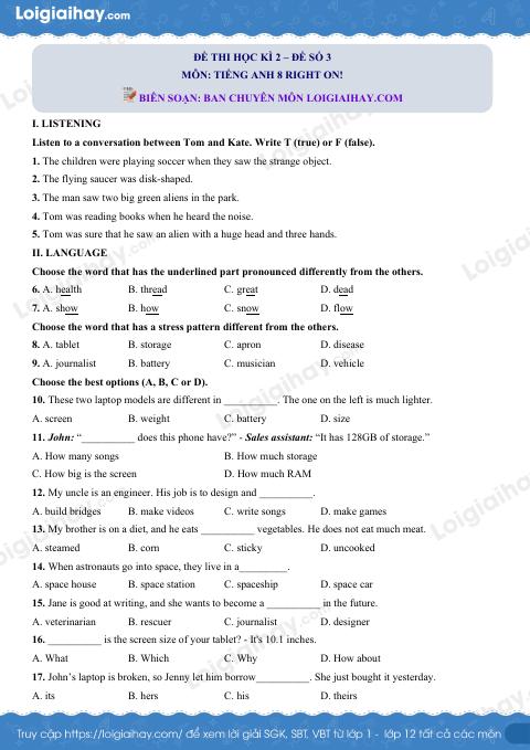Đề thi học kì 2 Tiếng Anh 8 Right on! - Đề số 3